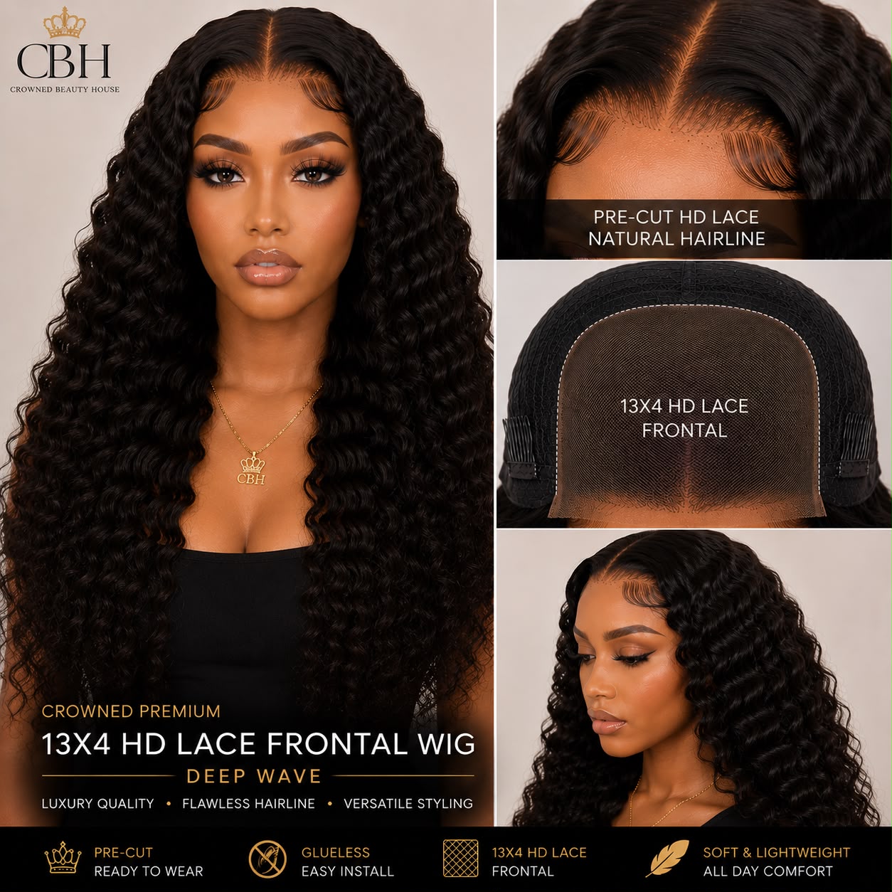 Crowned Premium 13x4 HD Lace Wig Frontal-Deep Wave