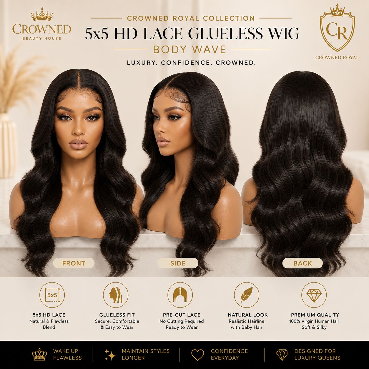 Crowned Royal 5x5 HD Lace Glueless Pre-Cut - Body Wave
