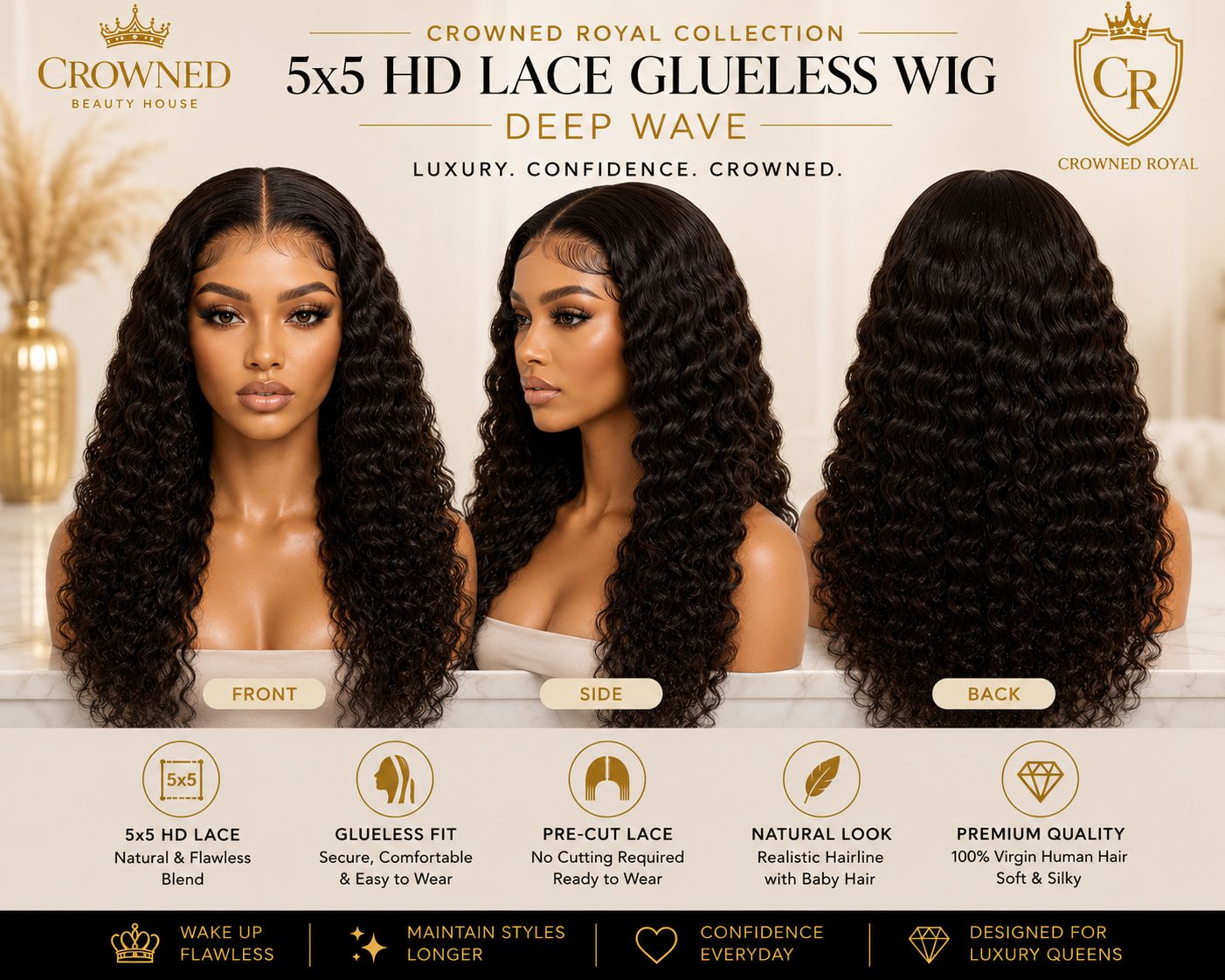 Crowned Royal 5x5 HD Lace Glueless Wig Pre-Cut - Deep Wave