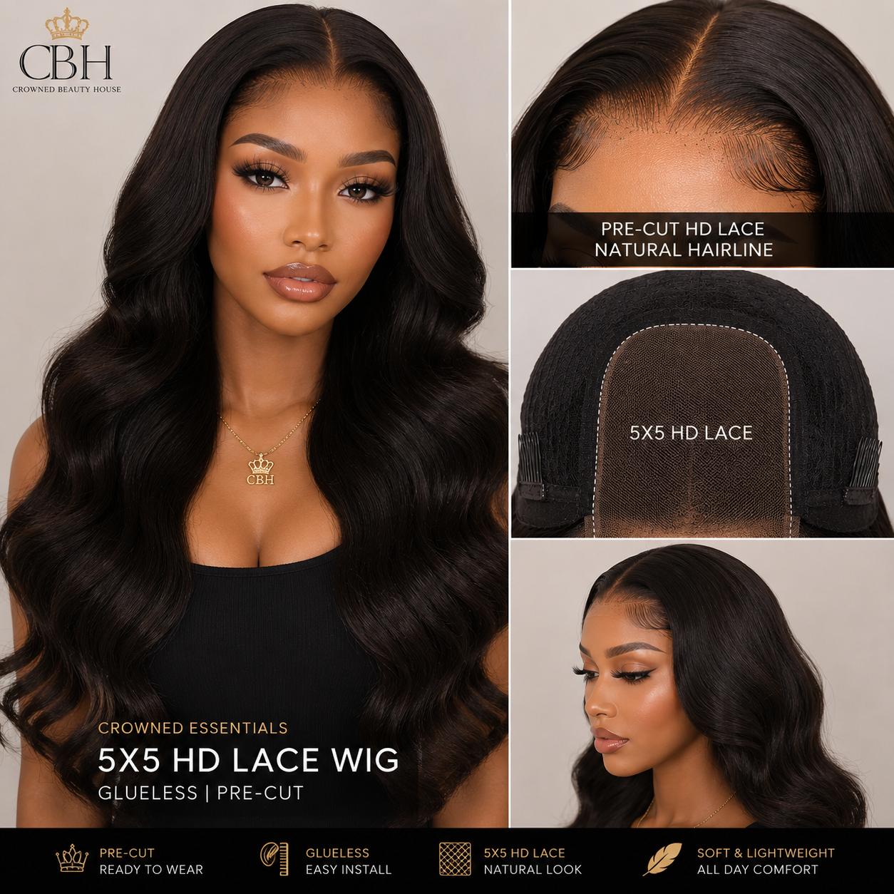 Crowned Essentials 5x5 HD Lace Glueless Wig Pre-Cut-Body Wave