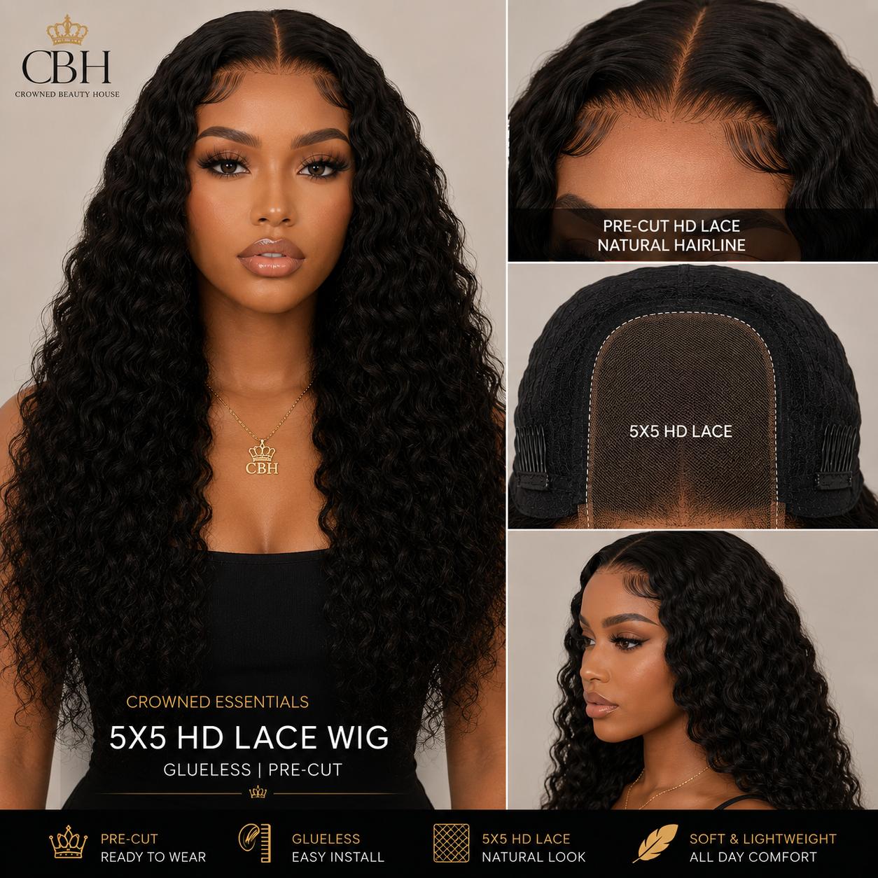 Crowned Essentials 5x5 HD Lace Glueless Wig Pre-Cut-Deep Wave