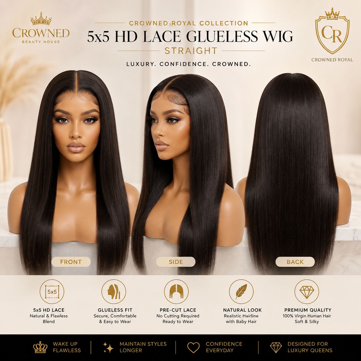 Crowned Royal 5x5 HD Lace Glueless Wig Pre-Cut - Straight