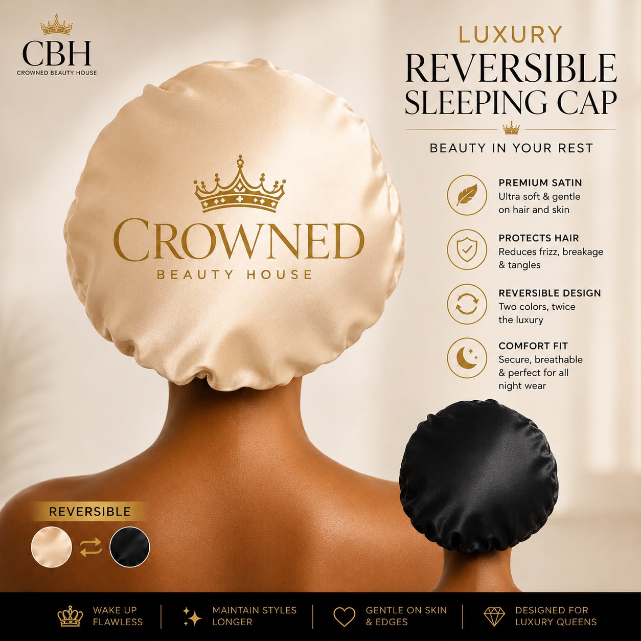 Crowned Signature Luxury Reversible Satin Sleep Cap